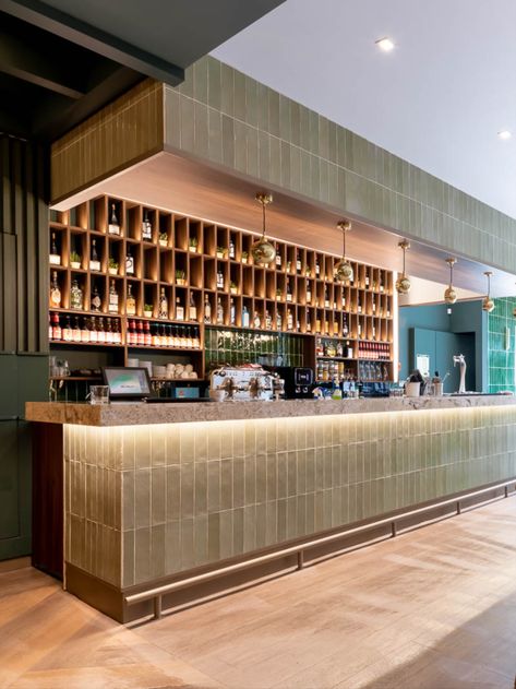 Green Bar Counter Design, Bar Counters Designs, Luxury Bar Counter Design, Tile Bar Counter, Tile Bar Design, Bar Counter Design Restaurant, Brewery Bar Design, Bar Counter Design Ideas, Restaurant Reception Desk