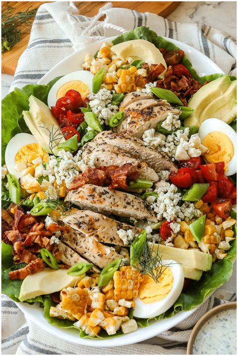 Summer Cobb Salad recipe with Double Dill Ranch Dill Ranch Dressing, Dill Ranch, Cobb Salad Dressing, Barbecue Ribs Recipe, Salad Recipes With Bacon, Snap Pea Salad, Perfect Boiled Egg, Marinated Chicken Recipes, Cobb Salad Recipe