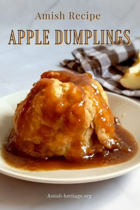 Apple dumpling with caramel sauce on a plate. Apple Dumplings With Bisquick, Keto Friendly Apple Dumplings, Red Hot Apple Dumplings, Apple Dumplings With Caramel Sauce, Best Apple Dumplings Ever, Apple Dumplings For Two, Pa Dutch Apple Dumplings, Recipe For Apple Dumplings, Apple Dumpling With Vanilla Sauce