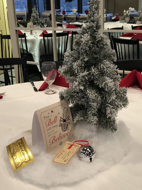 Polar Express Centerpieces, Polar Express Table Decor, Polar Express Table Decorations, Polar Express Centerpiece Ideas, Polar Express Theme Classroom, Polar Express Tree, Polar Express Birthday Party, Polar Express Party Ideas, Holiday Party Centerpieces