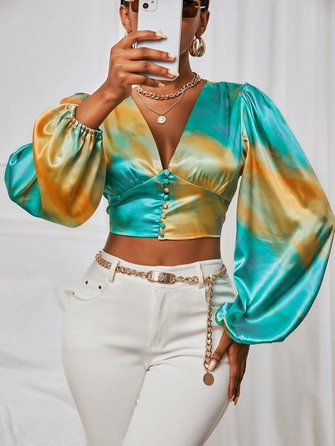 Free Returns ✓ Free Shipping On Orders $49+ ✓. Satin Tie Dye Bishop Sleeve Crop Blouse- Women Blouses at SHEIN. Crop Top Women Outfits, Free Tops For Women, Women Blouse Design, Satin Outfit Ideas, Crop Blouse Outfit, Satin Tops For Women, Fancy Top Design, Crop Tops Outfits, Tie Dye Dresses