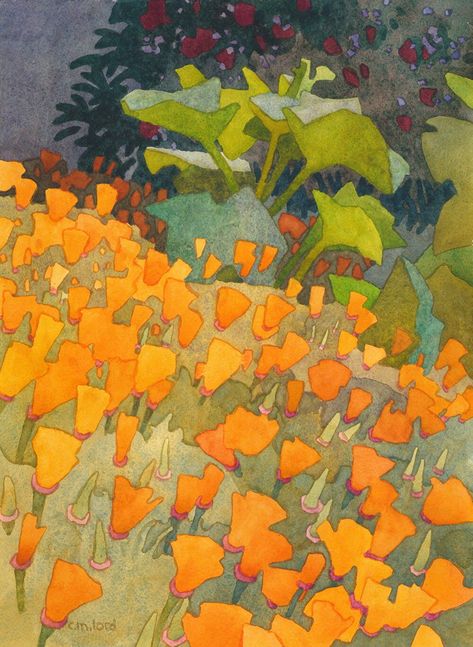 Monet Poppies, Carolyn Lord, Poppies Mural, Carolyn Lord Watercolor, Orange Poppies Painting, California Poppies Watercolor, Poppy Field Illustration, Orange Poppies Watercolor, Lemon Watercolor