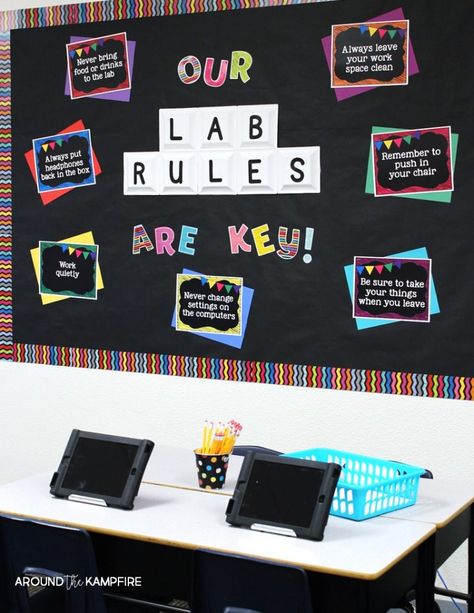 Computer Lab Headphone Storage, Computer Lab Rules Posters, Computer Classroom Design, Technology Classroom Decor, Computer Lab Design, Computer Lab Rules, Lab Rules, Computer Lab Decor, School Computer Lab