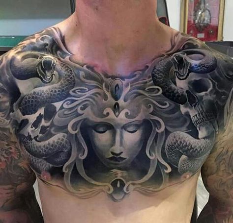 :-) Medusa Tattoo Chest, Full Chest Tattoos, Medusa Tattoo Design, Tattoo Chest, Serpent Tattoo, Cool Chest Tattoos, Chest Tattoos, Pieces Tattoo, Lijiang