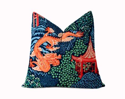 "This pillow cover shows standout style with Chinoiserie motifs of pagodas, dragons, and Asian landscapes. The Vern Yip designer fabric is made of a linen/cotton blend. Colors include shades of blue, red, orange, and green. Front and Back: Pagoda and Dragon Fabric Closure: Invisible zipper with signature tassel pull. 🖤 For 15% OFF, copy and paste this link into your browser: https://bit.ly/bramblelily Simply sign up and you'll instantly get a one time use promo code for 15% off your order to us Vern Yip Fabric, Paisley Throw Pillows, Vern Yip, Pink Chinoiserie, Toile Pillows, Damask Pillows, Chinoiserie Motifs, Animal Print Pillows, Custom Pillow Covers