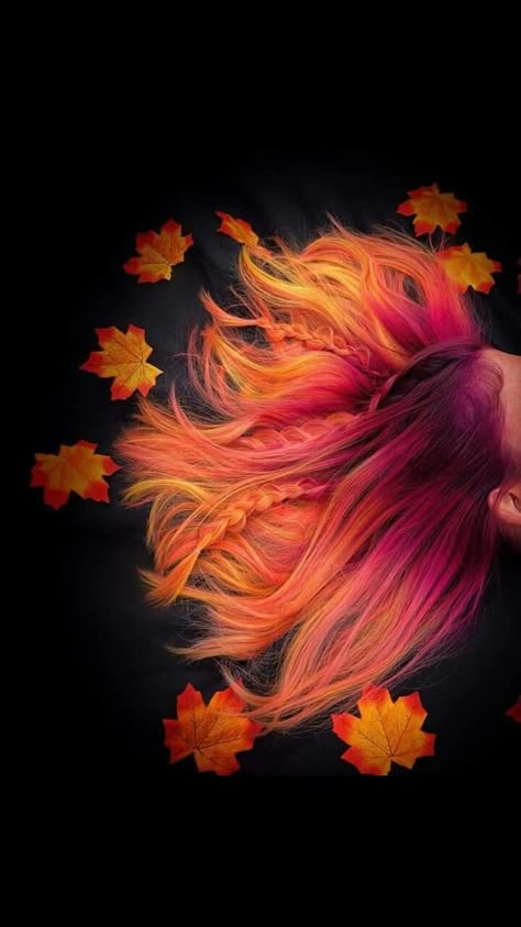 Fall hairstyle. #fall #ombre Ombre Hair Designs, Fall Hair Dye Ideas For Blondes, Colored Hair Updo, Ombre Fantasy Hair, Vibrant Autumn Hair Color, Fire Color Hair Ombre, Fun Hair Colors For Fall, Fun Fall Colors For Hair, Autumn Vivid Hair Color