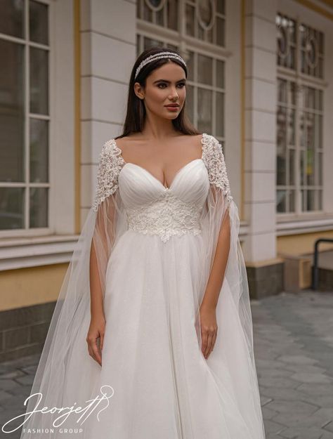 Wedding dress J-979 | Jeorjett Dress Wedding Dresses For Curvy Women, Wedding Dress With Corset, Asymmetrical Wedding Dress, Transparent Sleeves, Empire Waist Wedding Dress, Plain Wedding Dress, Plus Wedding Dresses, Bride Dress Simple, Civil Wedding Dresses