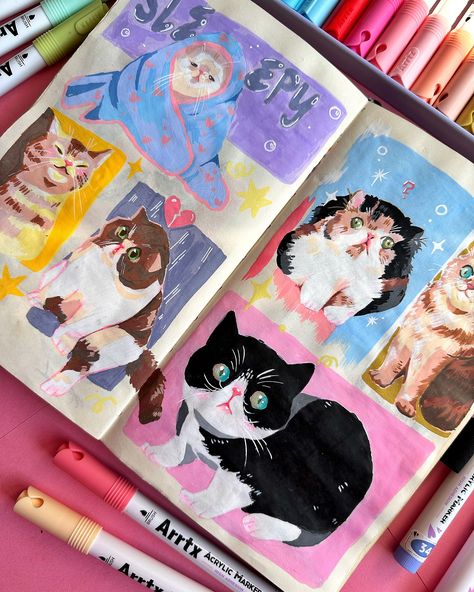 Where are the cat lovers? 🤭 Drawing cats is so much fun💖 I used Acrylic Markers from @arrtxart ☺️ The full drawing process from sketch to final piece is on my yt. There I gave you a review about these acrylic markers and a detailed insight how I use them. I hope you like it ✨ /unpaidad #arrtx #arrtxart #arrtxmarkers #sketchbookart #sketchbookdrawing #acrylicmarker #latinaartist #catlover #smallartist #catillustration #catart Marker Cat Drawing, Art With Acrylic Markers, Cat Marker Drawing, Arrtx Acrylic Marker, Acrylic Marker Art, Pets Painting, Improve Drawings, Full Drawing, Money Wallpaper