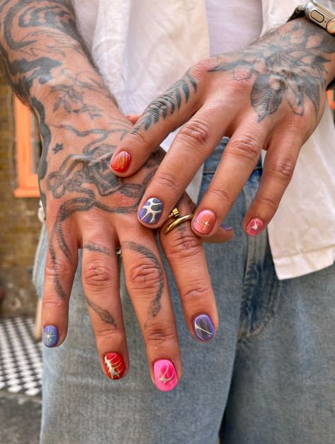 Textured chrome nail art is currently trending, and Lorna's set the tone with these fun designs! 🌀 To book: Gel Mani Full Works + Nail Art Level Two 🩶 #shoreditchnails #lornashoreditchnails #shoreditchnailspolish #nailartinspo #chrome #trending Chrome Nails For Men, Gel Nail Designs Men, Male Christmas Nails, Mens Nails Art, Mens Gel Nails, Mens Nails Design Simple, Men’s Nail Arts, Men’s Nails Manicure, Rapper Nails