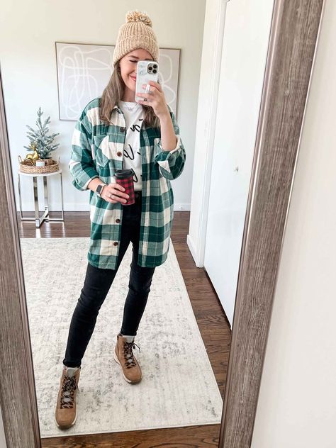 Plaid shirt jacket with skinny jeans, graphic tee and hiker boots Chunky Turtleneck Sweater Dress, Plaid Shacket Outfit, Brunch Attire, Maurices Style, Brunch Outfit Winter, Shacket Outfit, Affordable Outfits, Chunky Turtleneck Sweater, Dress Up Jeans