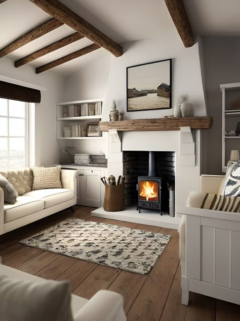 Old Cottage Interior Rustic, Cozy Den With Fireplace, Small Cottage Interiors Living Room, Wood Stoves Ideas Living Rooms, House Living Room Modern, Small Cottage Interiors, Wooden Floors Living Room, Country House Living Room, Wood Burning Stoves Living Room