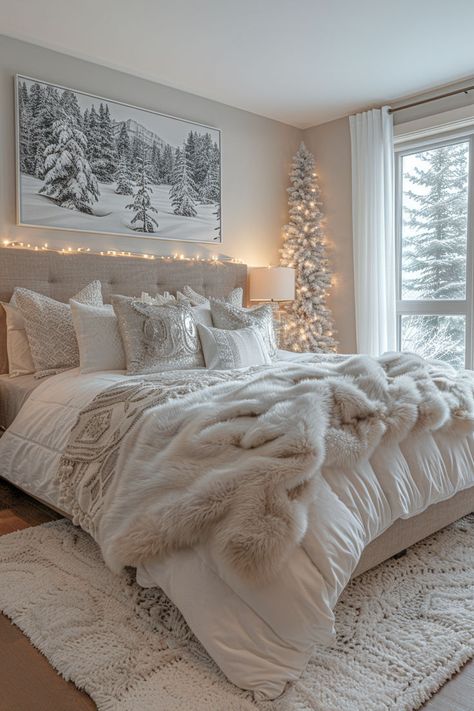 Christmas bedroom decor, Christmas home decor, Christmas decorations bedroom, cozy christmas bedroom, bedroom ideas Bedroom Decor Ideas Green, Christmas Tree In Bedroom, Winter Bedrooms, Winter Bedroom Ideas, Winter Room Decor, Winter Bedroom Decor, Christmas Bedroom Decor Ideas, Holiday Bedroom Decor, Bedroom Accents