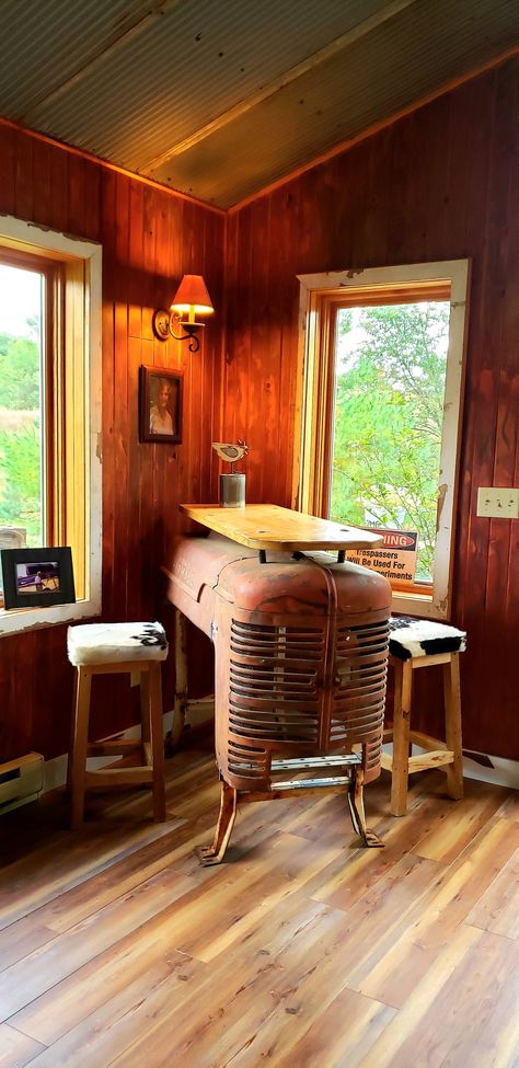 Bar top tractor table #tractor #farm #table Tractor Seat Bar Stools Diy, Tractor Hood Table, Western Bar Ideas, Tractor Seat Ideas, Tractor Table, Tractor Craft, Tractor Bar, Tractor Seat Bar Stools, Tractor Crafts