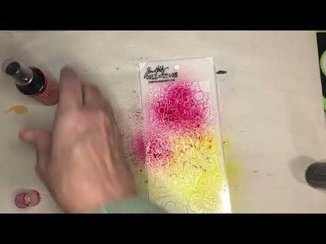 Backgrounds from stencil and other objects! Distress spray stains are the bomb. - YouTube Spray Starch, Card Background, Texture Paste, The Bomb, Tim Holtz, Coming Out, Laminate, Ghost, Stain