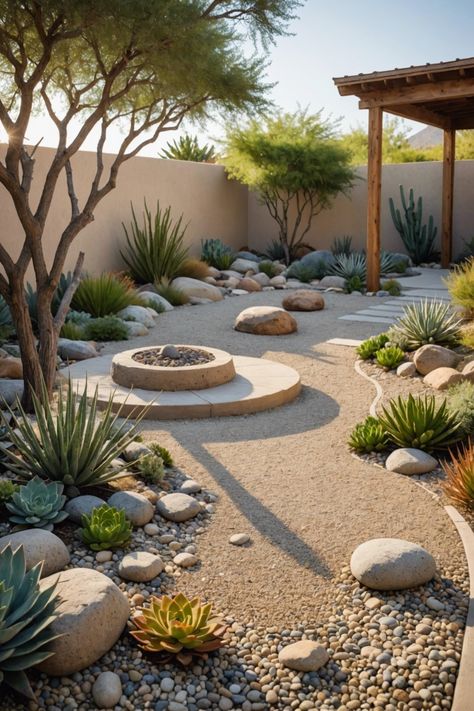 Desert Rock Garden Landscaping, Diy Yard Planters, Simple Backyard Makeover, Desert Courtyard Landscaping, Concrete Front Yard Ideas, Arizona Planter Ideas, Dry Landscape Ideas, Beautiful Small Backyards, Arizona Small Backyard Ideas