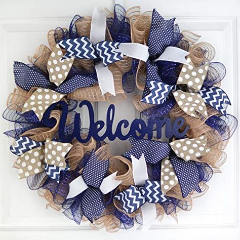 Welcome Wreaths, Plain Wreaths, Bridal Shower Presents, Birthday Door, White Centerpiece, Burlap Decor, Pink Door, Rag Wreath, Blue Wreath