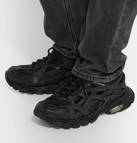 BALENCIAGA TRACK 2 LEATHER, MESH AND RUBBER SNEAKERS. #balenciaga #shoes Balenciaga Track 2 Outfit Men, Track 2 Balenciaga, Balenciaga Track 2 Outfit, Balenciaga Track Outfit Men, Balenciaga Track Outfit, Balenciaga Sneakers Outfit, Balenciaga Track Trainers, Track Outfits, Balenciaga Track 2