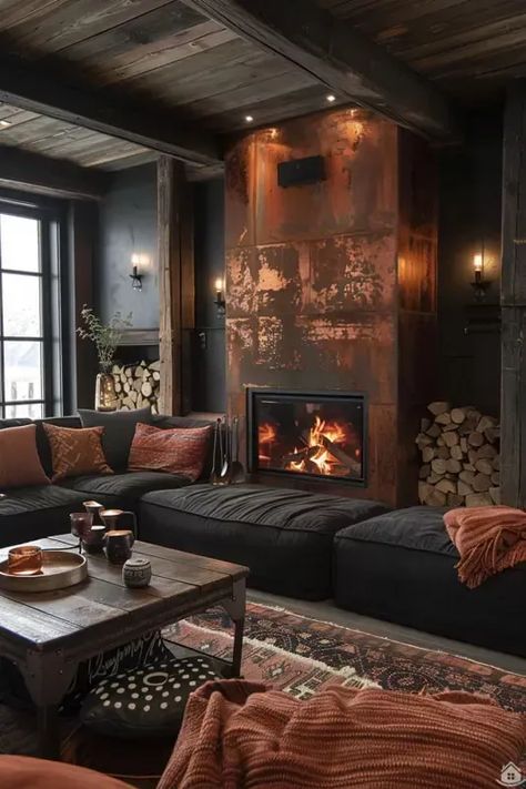 Dark Brown House Interior, Black And Rust Living Room, Moody Living Room, Saint Maurice, Dark Living Rooms, تصميم داخلي فاخر, Dark Home, Dark Interiors, Dream House Interior