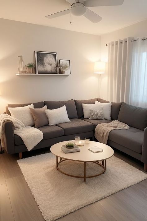 White Walls Dark Couch Living Room, Grey Seats Living Room Decor, Simple White Living Room, White And Grey Living Room Decor, Colours To Go With Grey Sofa, Cute Minimalist Apartment, Apartment Living Room Decor On A Budget, Small Living Room Grey Floor, Living Room Den Ideas