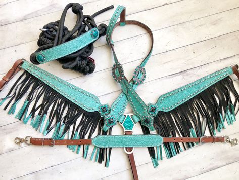 Teal Glitter Fringe Tack Set Cowgirlbarnandtack.com Teal Horse Tack, Cute Horse Tack, Barrel Racing Tack Sets, Barrel Racing Tack Rodeo, Bling Horse Tack, Birthday Gift List, Barrel Racing Saddles, Cowgirl Life, Wither Strap