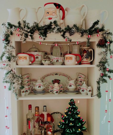 Christmas Corner Hutch, Hutch Christmas Decorating Ideas, Christmas Decor Cabinets, Retro Christmas Decor Ideas, 90s Christmas Decor, Hutch Christmas Decor, Small Kitchen Christmas Decor, Christmas Hutch Decorating Ideas, Christmas China Cabinet