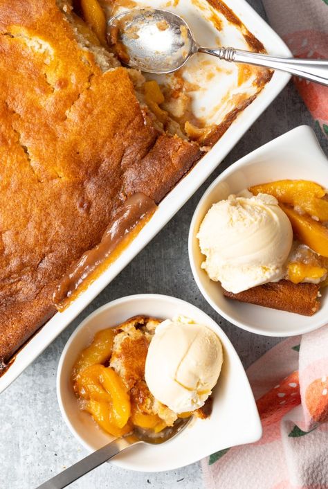 Bisquick Peach Cobbler - A classic southern Peach Cobbler recipe that's easy to make with Bisquick and fresh or frozen peaches. Add a pinch of your favorite spice blend and bake in the oven for a comforting summer dessert! This 6-ingredient cobbler dessert recipe is an effortless treat that you'll love to enjoy all season -- or anytime you crave a taste of summer. | A Spicy Perspective Bisquick Peach Cobbler Recipe, Bisquick Cobbler Recipes, Bisquick Peach Cobbler, Peach Cobbler With Bisquick, Fresh Peach Cobbler, Southern Peach Cobbler, Easy Peach Cobbler Recipe, Peach Muffins, Frozen Peaches