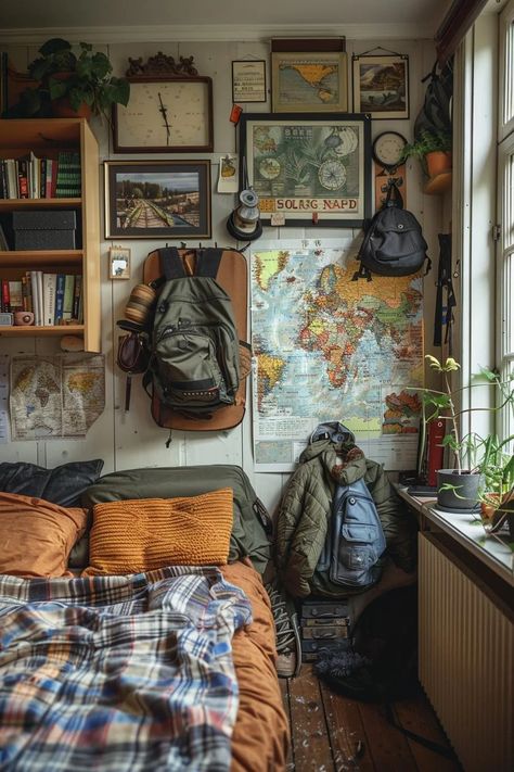 19 Creative Dorm Room Ideas for Guys 28 Creativity Room Ideas, Adventurer Room Aesthetic, Cozy Cabin Home Decor, Guy Interior Design, Retro Aesthetic Bedroom Ideas, Mountain Aesthetic Room, Granola Interior Design, College Room Decor For Guys, Male Dorm Decor