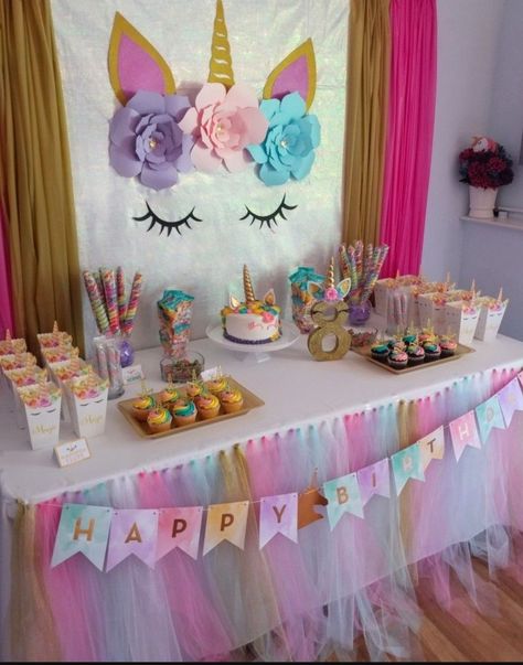 Unicorn party, dessert table, Unicorn backdrop, pastel rainbow, unicorn cake table. Unicorn And Donuts Birthday Party, 1st Birthday Party Ideas Unicorn, Unicorn 2nd Birthday Party Ideas, Unicorn Birthday Setup, Rainbow Unicorn Birthday Decorations, Unicorn Birthday Cake Table, Unicorn Birthday Theme Ideas, Unicorn One Year Old Birthday, Unicorn First Birthday Party Ideas