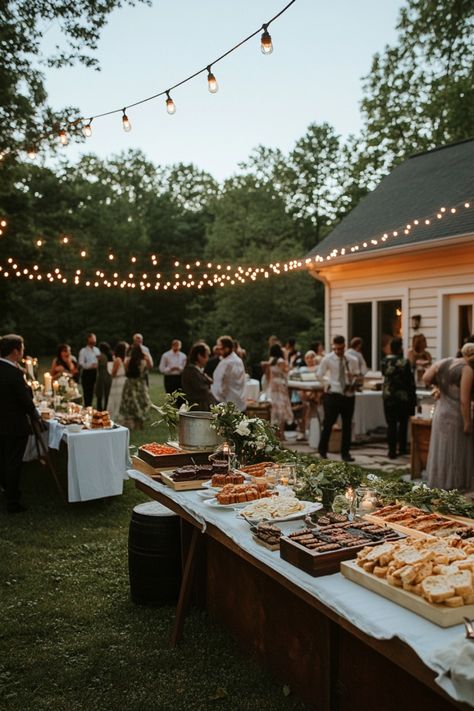 Simple ideas and tricks to keep your backyard wedding on budget, but still giving your guests a fantastic time. Wedding Cookout Ideas, Garden Party Wedding Simple, Maine Backyard Wedding, Reception Only Ideas, Backyard Classy Wedding, Small Wedding Celebration Ideas, Summer Wedding Outside, Backyard Bbq Rehearsal Dinner, Simplistic Wedding Ideas