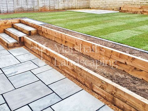 Horbury, Wakefield (Garden Landscaping Project 132) Small Hill Garden Ideas, Retaining Wall Deck Ideas, Tiered Garden Front Of House, Raised Level Garden, Garden Design 2 Levels, Garden Different Levels, Tiered Patio Retaining Walls, Two Level Retaining Wall, Large Tiered Garden Ideas