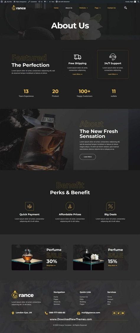 Perfume & Fragrance Elementor Template Kit Perfume Template Design, Fragrance Website Design, Perfume Website Design, Webpage Design Layout, About Us Page Design, Jewelry Website Design, Online Store Design, Website Design Inspiration Layout, Ads Creative Advertising Ideas