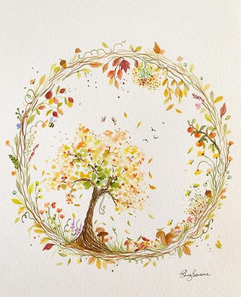 Shaz Serene on Instagram: ": Autumn - happy circles; 2023, 2022 & 2021 🍂🍁" September Watercolor, Watercolor Learning, Shaz Serene, Instagram Autumn, Book Illustration Art, Fall Watercolor, Watercolor Flower Art, Bee Art, Wreath Watercolor