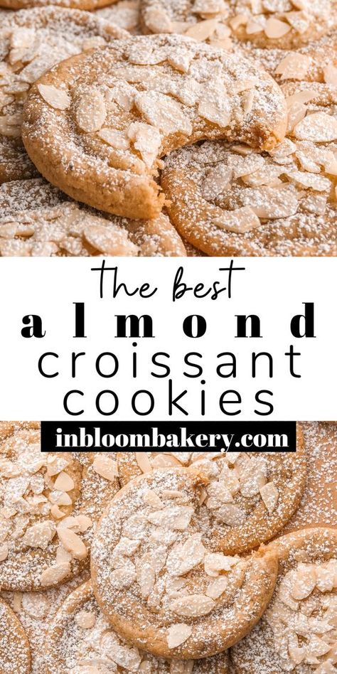 These are the best almond cookies! They're chewy almond cookies with frangipane centers, topped with sliced almonds and a dusting of powdered sugar. They have all the trappings of an almond croissant in cookie form! Almond Pastry Cookies, Cookies With Preserves, Cream Horn Cookies, Almond Croissant Recipes, Christmas Cookies With Almond Extract, Best Gf Cookie Recipes, Nut Crescent Cookies, Almond Flour Cookies Recipes Easy, Cookies Rolled In Powdered Sugar