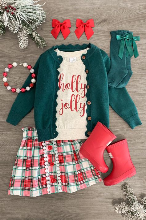 "Holly Jolly" Green Sweater Skirt Set | Sparkle In Pink Santa Pictures Outfits, Toddler Christmas Pictures Outfits, Sibling Christmas Outfits, Santa Photo Outfits, Mommy And Me Christmas Outfits, Toddler Girl Christmas Outfits, Disney Christmas Outfits, Christmas Fashion Outfits, Kids Holiday Outfits