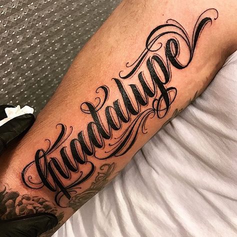 Guadalupe Guadalupe Tattoo, Handwriting Tattoos, Names Tattoos For Men, Tattoo Fonts Cursive, Tattoo Lettering Styles, Tattoo Name, Calligraphy Tattoo, Tattoo Lettering Fonts, Tattoo Font