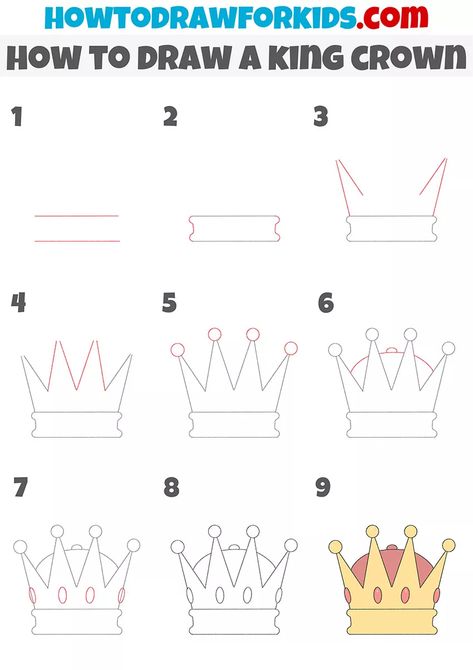 How To Draw A Kings Crown, Draw Crown Easy, Easy Crown Drawing Step By Step, How To Draw A Crown Step By Step, Crown Drawing King, How To Draw A Crown, Simple Crown Drawing, Kings Crown Drawing, Crown Drawing Easy