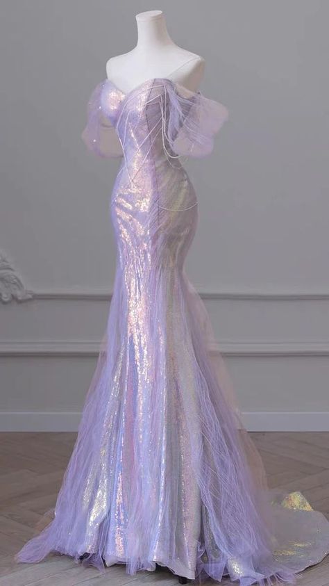 Light Purple Mermaid Dress, Mother Of Pearl Dress, Extravagant Formal Dresses, Custom Prom Dress Ideas, Got Inspired Dress, Opalescent Dress, Ariel Purple Dress, Ethereal Dress Goddesses, Modern Princess Dress