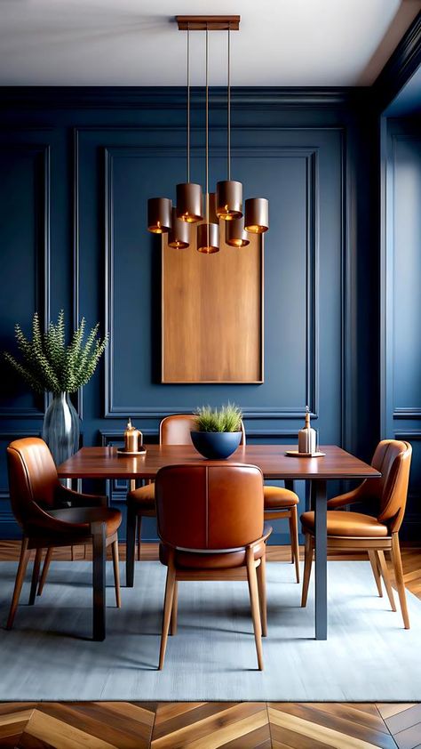 Dining Room With Navy Accents, Navy Blue And Black Dining Room, Dark Blue Wall Dining Room, Moody Eclectic Dining Room, Deep Blue Dining Room Walls, Blue Dining Room Inspiration, Dining Room Decoration Ideas, Dining Room Wall Moulding, Blue Accent Dining Room