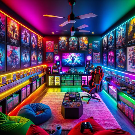 Experience the ultimate gaming retreat in a spacious, neon-lit man cave. Enjoy immersive play with a widescreen setup, multiple consoles, and soundproofing. Lounge with friends on comfry bean bags, surrounded by game memorabilia and a snack-stocked mini fridge. #GamingRoom #ManCave #VideoGames #GameCollectibles #GamingSetup #MultiplayerExperience Walk In Closet Game Room, Gaming Setup Room, Teen Game Rooms, Gaming Room Ideas, Games Room Inspiration, Game Room Lighting, Gaming Bedroom, Gaming Lounge, Gamer Bedroom