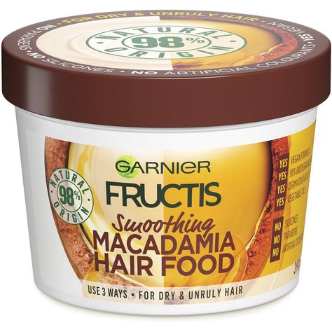 Garnier Fructis Hair Food Smoothing Macadamia 390ml | Woolworths Fructis Hair Food, Frizzy Curly Hair, Silky Smooth Hair, Garnier Fructis, Vitamin F, Tartaric Acid, Unruly Hair, Macadamia Oil, Moisturizing Conditioner