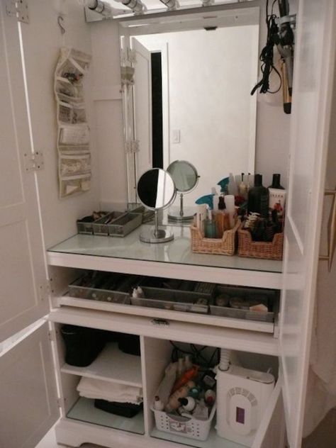 Armoire repurposed as a makeup station Vanity Armoire, Refurbished Vanity, Armoire Repurpose, Armoire Diy, Rangement Makeup, Computer Armoire, Armoire Makeover, Tv Armoire, Beauty Station