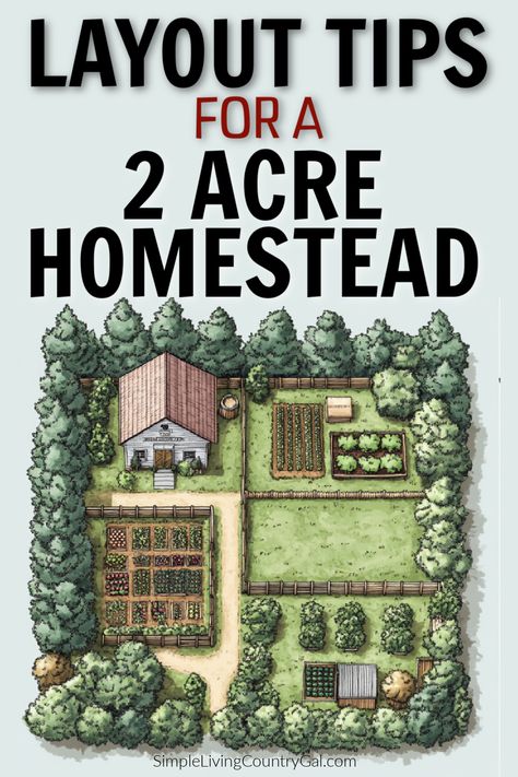 Make the most of your 2 acre homestead with a well-planned layout. Learn how to optimize space for gardens, livestock, and self-sufficiency. How much space do you need for a garden, orchard, livestock, and renewable energy. Location matters on a small homestead, be sure you have a setup that is efficient and leaves you room for growth. #homesteadlayout Homestead Layout Design, Two Acre Homestead Layout, How To Start A Small Homestead, Garden Orchard Design, 5acre Homestead Layout, Starting A Small Farm, Homestead Layout 3 Acres, Backyard Vegetable Garden Layout, Trellis Garden Vegetable