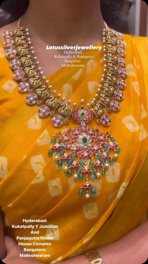 Gold Plated Kundan Jadau Long Necklace From 'Antique Lotus' • South India Jewels South Indian Haram Designs, Long Nakshi Haram, Bridal Jewellery Indian Kundan, Bottu Mala Jewellery Designs, Bottumala Designs, Gold Antique Necklace Designs, Bottu Mala Designs, Long Gold Necklace Indian, Long Haram Gold Jewellery Designs