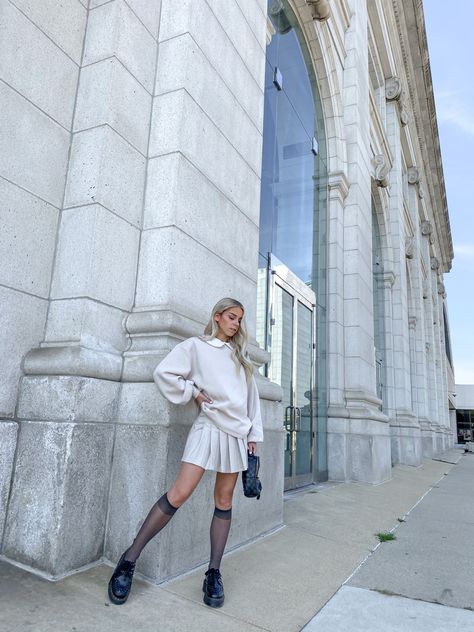 Summer, Photoshoot, Instagram, Aesthetic, Streetstyle , Casual, Outfit Inspiration, Spring, High Socks, Mesh Socks, Docs, Doc Maertens, Pleated Skirt, Collared Shirt Calf Socks Outfit, Mesh Socks Outfit, Mesh Outfits, Mesh Outfit, Socks Outfit, Mesh Socks, Sock Outfits, Casual Outfit Inspiration, Summer Photoshoot