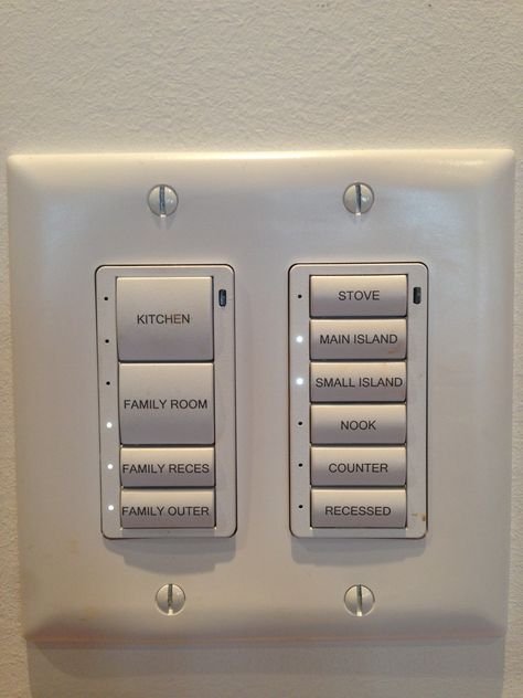 This is an example of a double gang lighting control switch we built for one of our clients.  This illustrates how you can have both a couple of large buttons that when pressed turn on all the lights in the room at the proper dimmed levels, or if you like turning on each individual light as if you had a wall of light switches we all typically live with.  The obvious difference here, if this was a standard light switch plate you would actually see 6 to 8 individual switches stacked side-by-side. Electric Button Light Switches, Hidden Light Switch Ideas, Raised Ranch Kitchen, Modern Light Switches, Wall Of Light, House Light, Headboard With Lights, Aged Care, The Home Edit