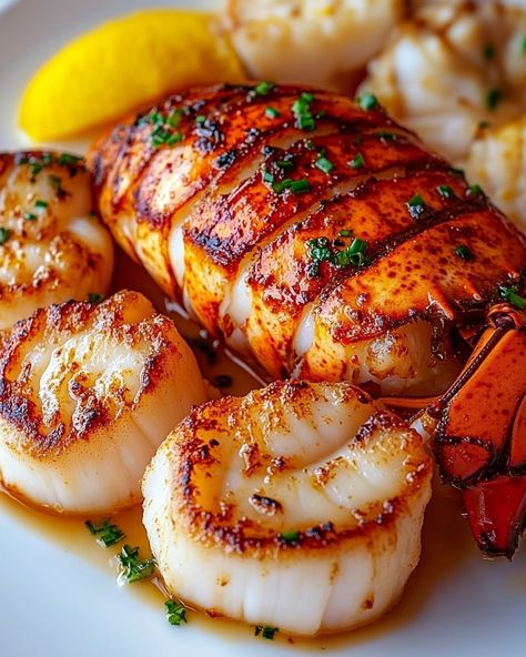 🦞 Garlic Butter Lobster and Scallops 🧄🦪 Savor the Sea's Bounty with Every Bite! Perfect for a special evening, this dish brings the ocean's freshness right to your dining table, combining the rich, buttery flavors of lobster and scallops with a hint of garlic. 🍽️ Ingredients 🍽️ - For the Scallops: - 1/2 lb sea scallops, patted dry - 1 tbsp olive oil - 2 tbsp unsalted butter - 2 cloves garlic, minced - Salt and pepper to taste - Fresh parsley for garnish - For the Lobster: - 2 lobste... Indian Seafood, Garlic Butter For Seafood, Garlic Butter Lobster And Scallops, Sea Food, Creamy Garlic Butter Lobster Tails, Creamy Garlic Butter Lobster Tail, Scallops Lemon Butter Garlic, Cooking Thanksgiving Dinner, Lobster Dishes