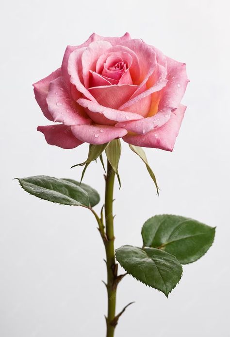 Premium Photo | Wet pink rose flower on white background Rose Reference Photo, Pink Rose Photography, Flowers Reference Photo, Flower Reference Photo, Roses White Background, Rose White Background, Rose On Stem, Pink Rose Png, Rose With Stem