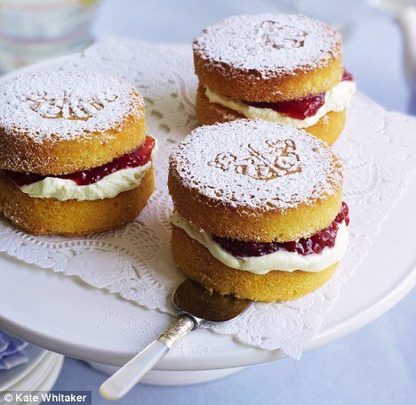 Recipe: Mini Victoria sponge cakes | Daily Mail Online Mini Victoria Sponge Cakes, Mini Victoria Sponge, British Cake, High Tea Food, Christmas Tea Party, Sponge Cakes, Afternoon Tea Recipes, Victoria Sponge Cake, Tea Party Food