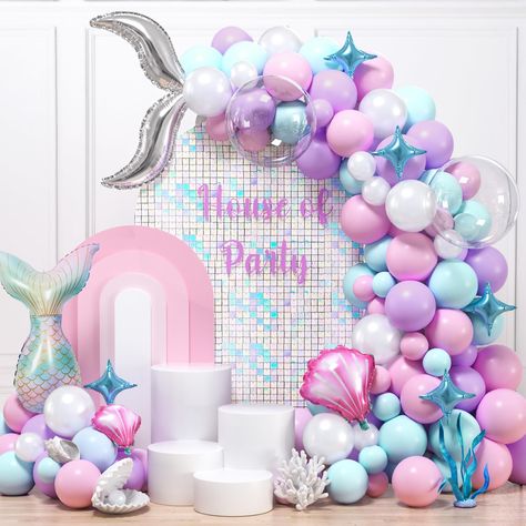 PRICES MAY VARY. PINK MERMAID BALLOON ARCH GARLAND KIT - The mermaid birthday decorations include 92 latex balloons in macaron colors, (macaron purple, macaron blue, macaron pink, pearlescent white) and 2 extra large 18" bobo balloons; 9 aluminum foil balloon includes 1 large fishtail, 2 fishtail curves, 2 scallops, 4 silver stars; 3 balloon accessories. Choose our 105pcs mermaid party decorations now to make your party a dreamy underwater world! DREAMY MACARON MERMAID DECORATIONS - Integrating Mermaid First Birthday Party Decoration, Mermaid Theme Centerpieces, Mermaid Pool Party Decorations, Mermaid Balloon Arch, Mermaid Party Backdrop, Mermaid Tail Balloon, Blue Macaron, Mermaid Birthday Party Food, Mermaid Decorations