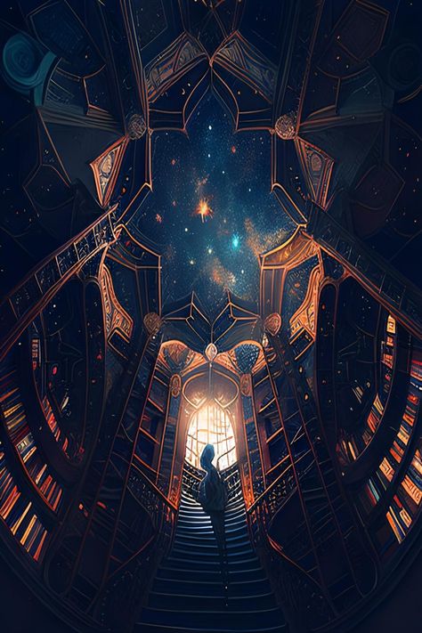 Celestial Concept Art, Starry Library, Magical City Aesthetic, Star Magic Aesthetic, God Of The Stars, Fantasy Library Art, God Of Stars, Fantasy Aesthetic Magic, Celestial Castle